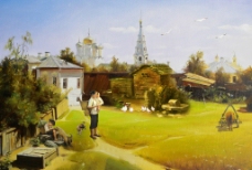 油画风景 农家小院图片